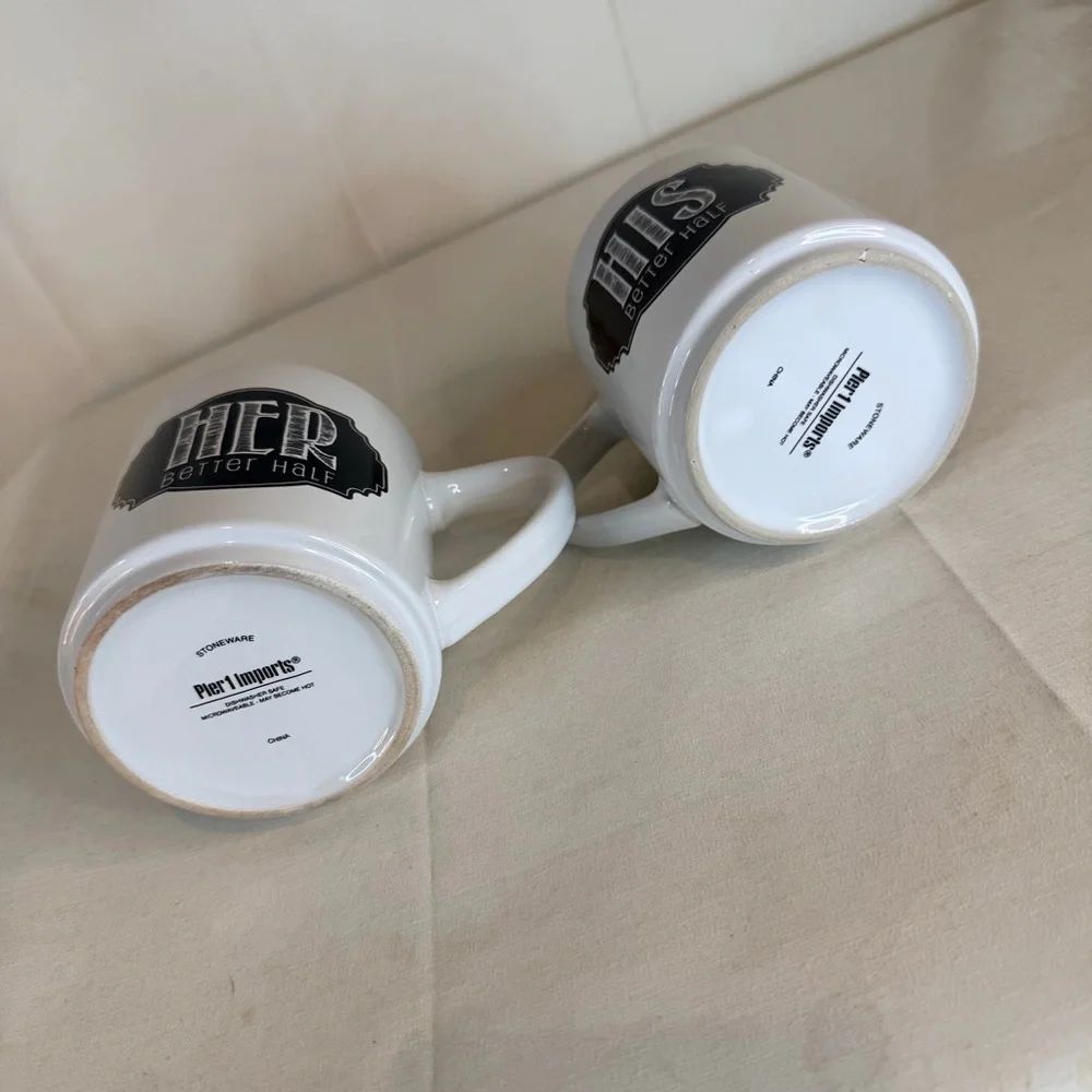 PIER 1 IMPORTS Mug Set of 2 His Hers BETTER HALF Coffee Style Cup Mug